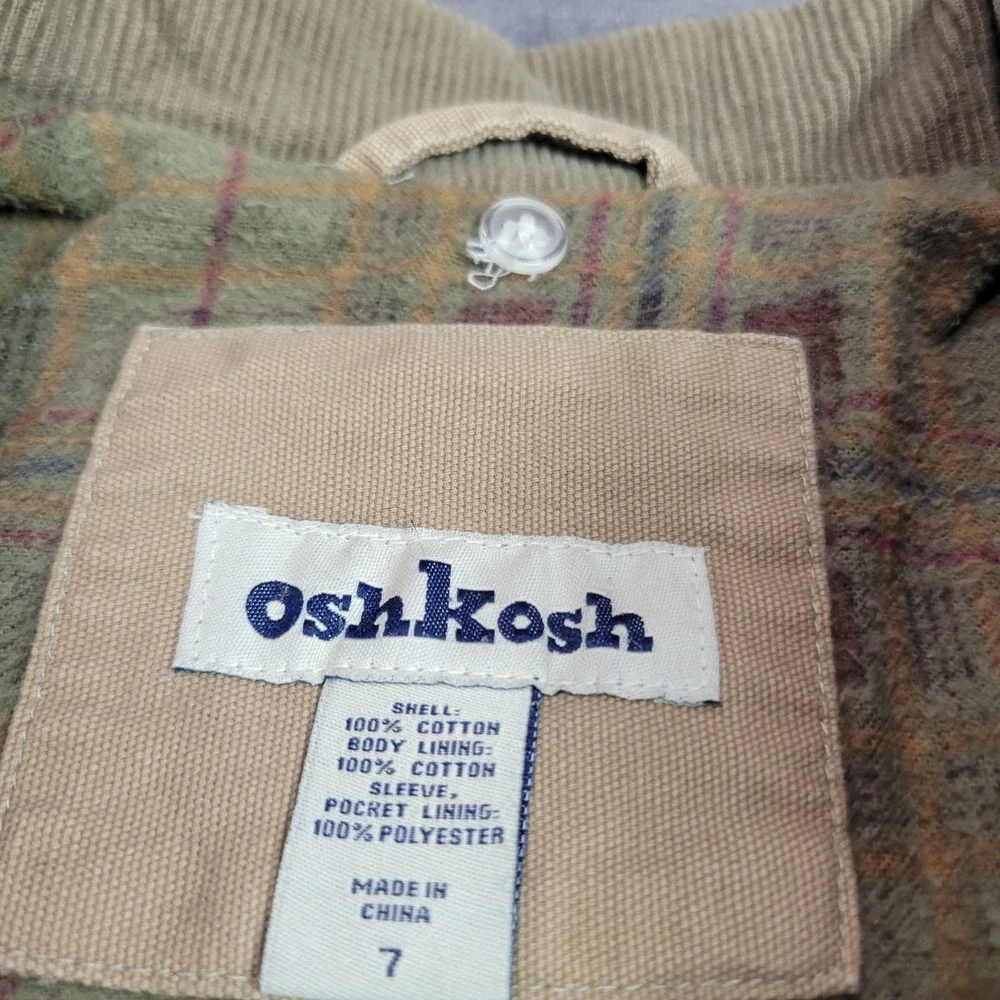 OshKosh Bgosh Kids Tan Canvas Field Jacket Plaid Flannel Lined Barn Coat Size 7‎